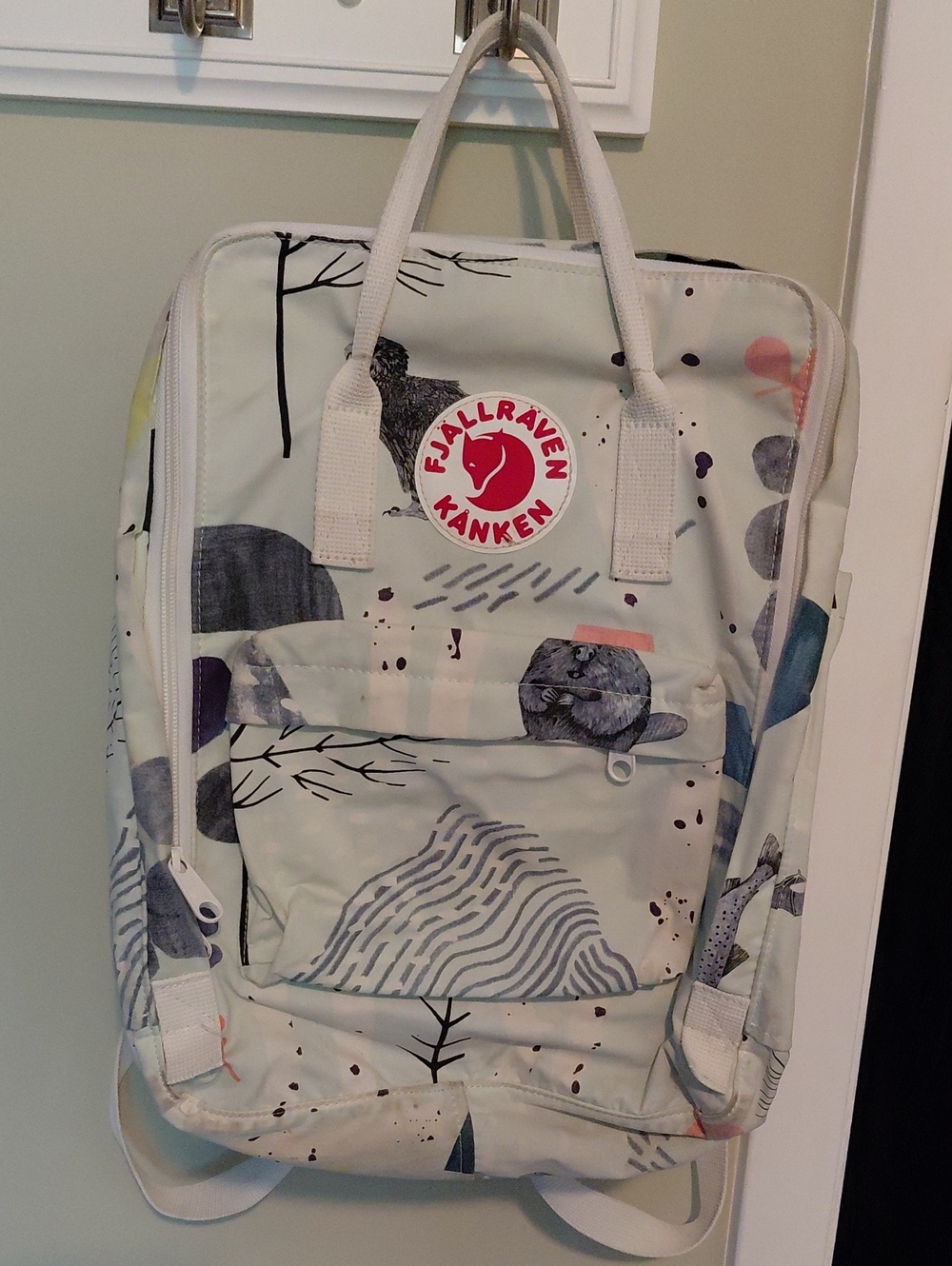 Fjallraven Kanken Cream Backpack with Multicolor Abstract Print- Size Large